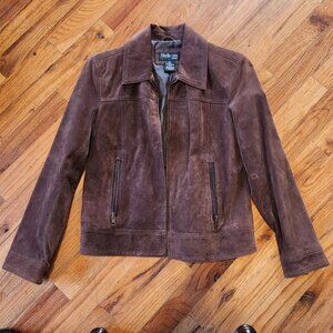 Style & Co Petite Brown Suede Leather Jacket With Zipper Pockets & Button Cuffs